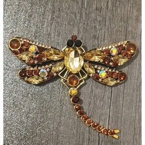 Large Dragonfly Brown Black Champagne Rhinestone Gold Tone Brooch Pin Pendant